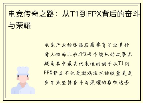 电竞传奇之路：从T1到FPX背后的奋斗与荣耀